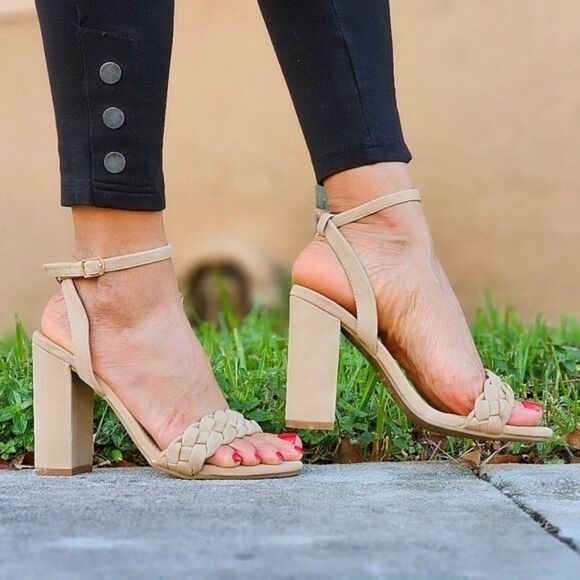 Women Braided Ankle Strap High Chunky Heel Sandals Nude Color - Picture 1 of 5